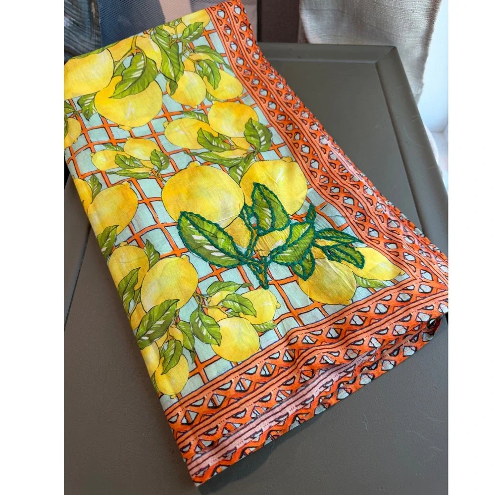 Calypso St. Barth Lemon Print Cotton Sarong Wrap Blue Orange Yellow NWT